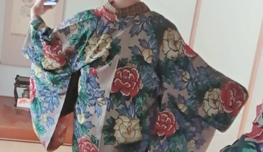 魅惑の着物コーディネート：染め大島紬×小袋帯×アンティーク長羽織り
